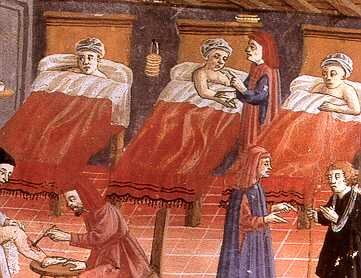 Cuidado a enfermos durante una epidemoia de peste negra, en un cuadro gótico.